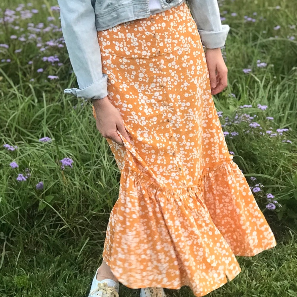 Mustard floral tiered button up midi long skirt